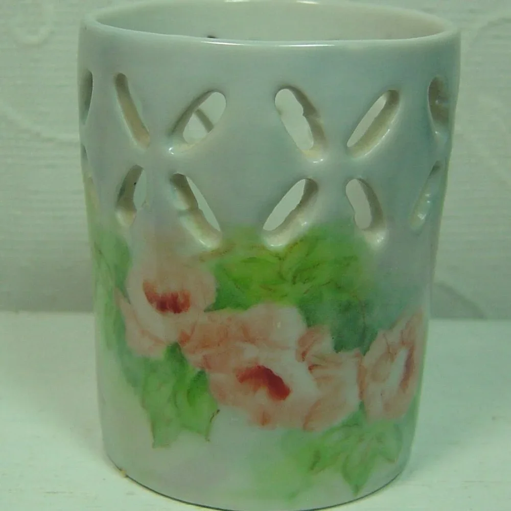 Vintage handpainted vase/catch-all container-pink roses-signed & dated--1980